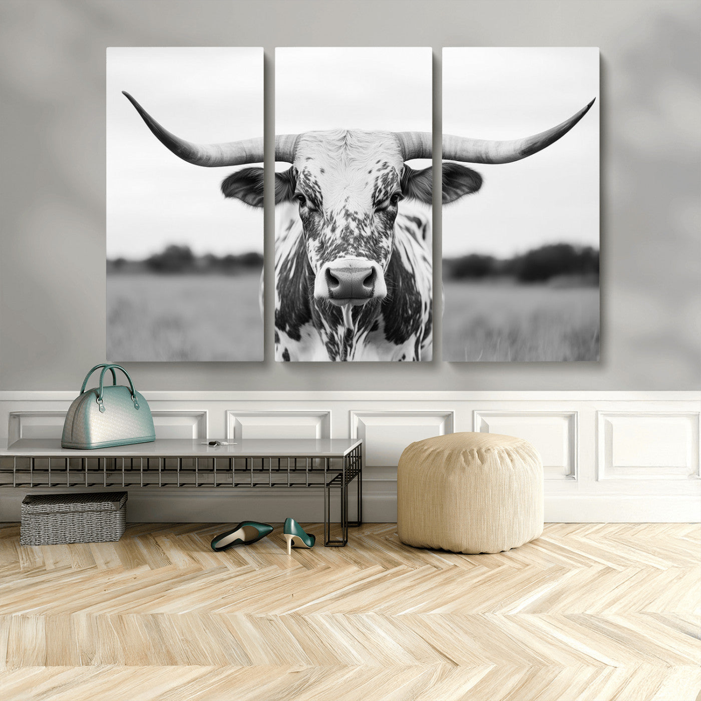 Capture the strength and elegance of nature with this striking black and white portrait of a longhorn cow. Its powerful presence makes a bold statement in any room.