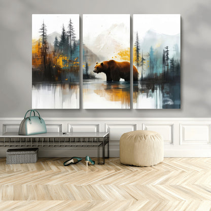 A majestic bear stands by the serene waters of a misty forest, surrounded by towering trees and distant mountains, evoking the raw beauty and wild spirit of nature.