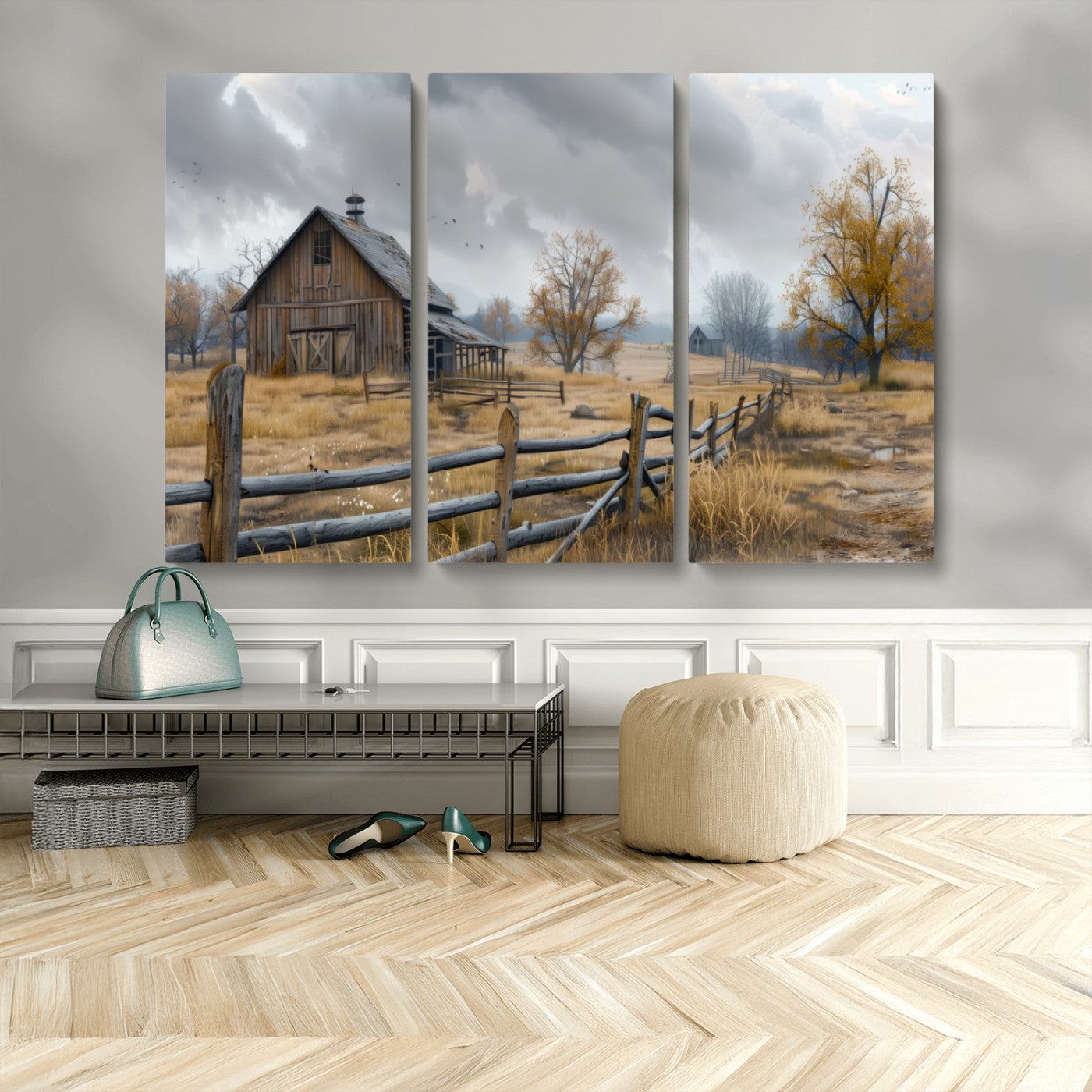 A tranquil rural scene featuring a rustic barn, overcast skies, and golden fields with scattered trees, evoking a sense of peaceful solitude in nature.