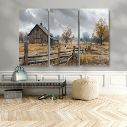 A tranquil rural scene featuring a rustic barn, overcast skies, and golden fields with scattered trees, evoking a sense of peaceful solitude in nature.