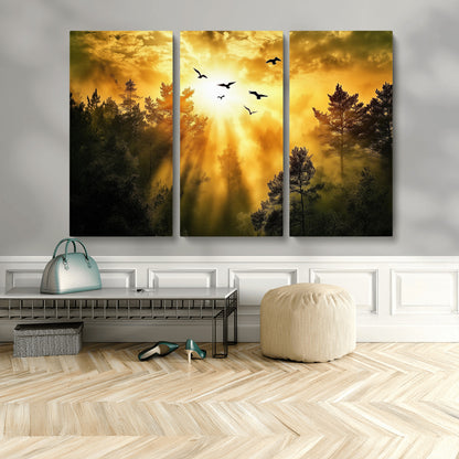 Canvas of a golden forest at sunset with birds flying through glowing sunbeams and silhouetted pine trees, ideal for warm-toned rustic decor.