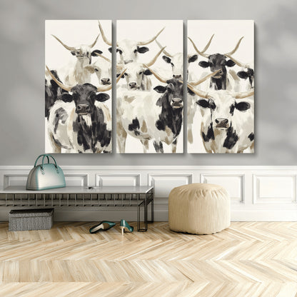 Canvas of a Texas Longhorn cattle herd in neutral black and white tones, ideal for rustic farmhouse or western-themed decor.