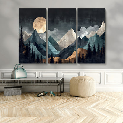 Stylized canvas of layered mountains under a full moon in neutral moody tones, ideal for nature-inspired or modern rustic interiors.