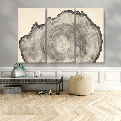 Detailed tree ring drawing in monochrome tones, ideal for rustic or nature-inspired interiors with a minimal decor aesthetic.