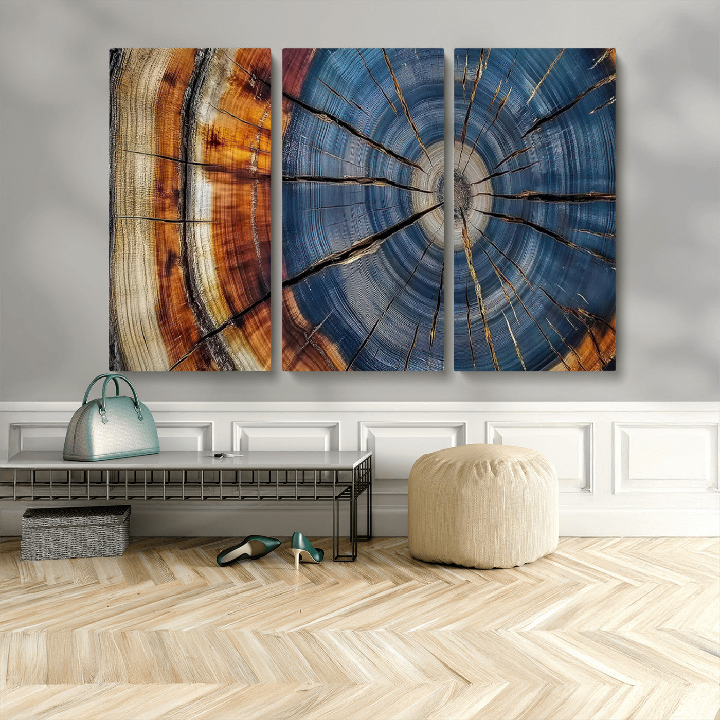A stunning close-up view of a tree trunk, showcasing the intricate growth rings in a vibrant mix of warm browns, cool blues, and hints of natural texture.