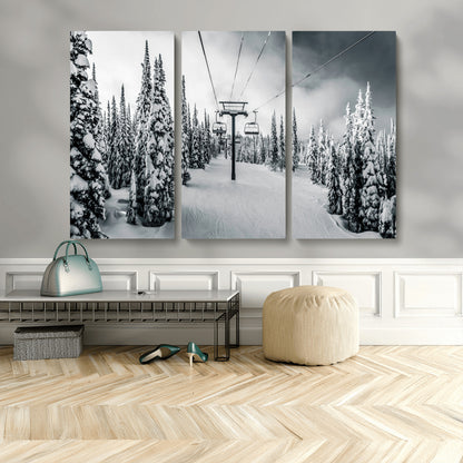 Canvas of a snowy ski lift scene through a forest of tall pine trees, ideal for moody winter or alpine-themed home decor.