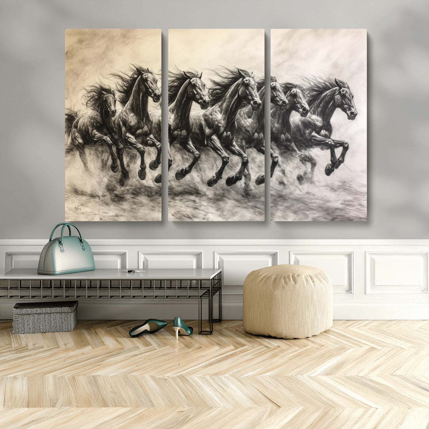 Monochrome drawing of a herd of galloping horses, perfect for dynamic and wild-themed decor in any equestrian or nature-inspired room.