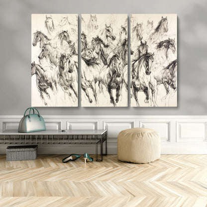 Monochrome ink sketch of galloping horses in dynamic motion, perfect for western or equine-themed wall decor with bold artistic energy.