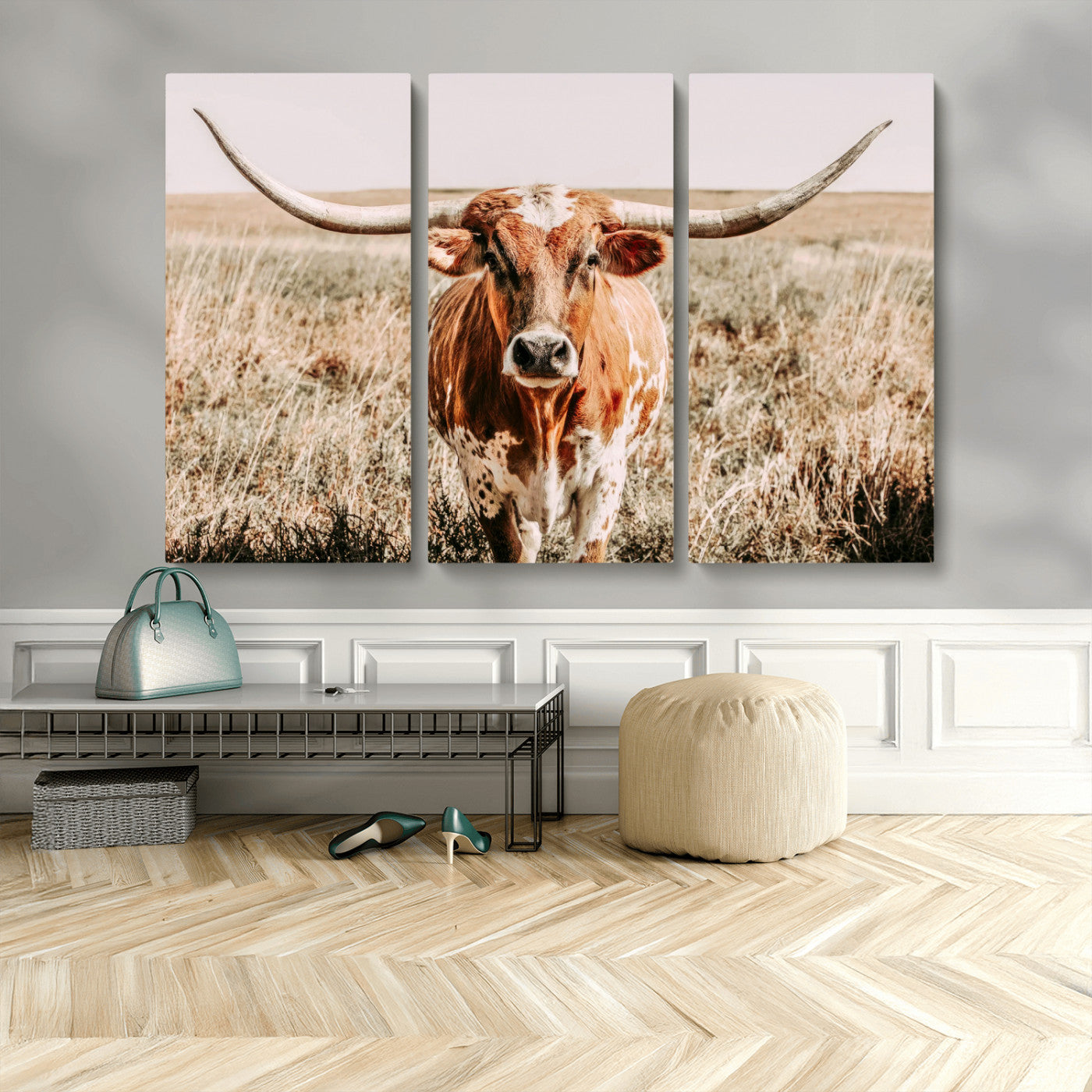 Framed longhorn cow canvas wall art with rustic prairie background, western animal print perfect for farmhouse or ranch style decor