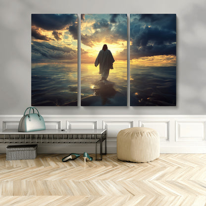 Spiritual artwork of Jesus walking on water at golden hour with divine light, ideal for Christian home decor or prayer room.