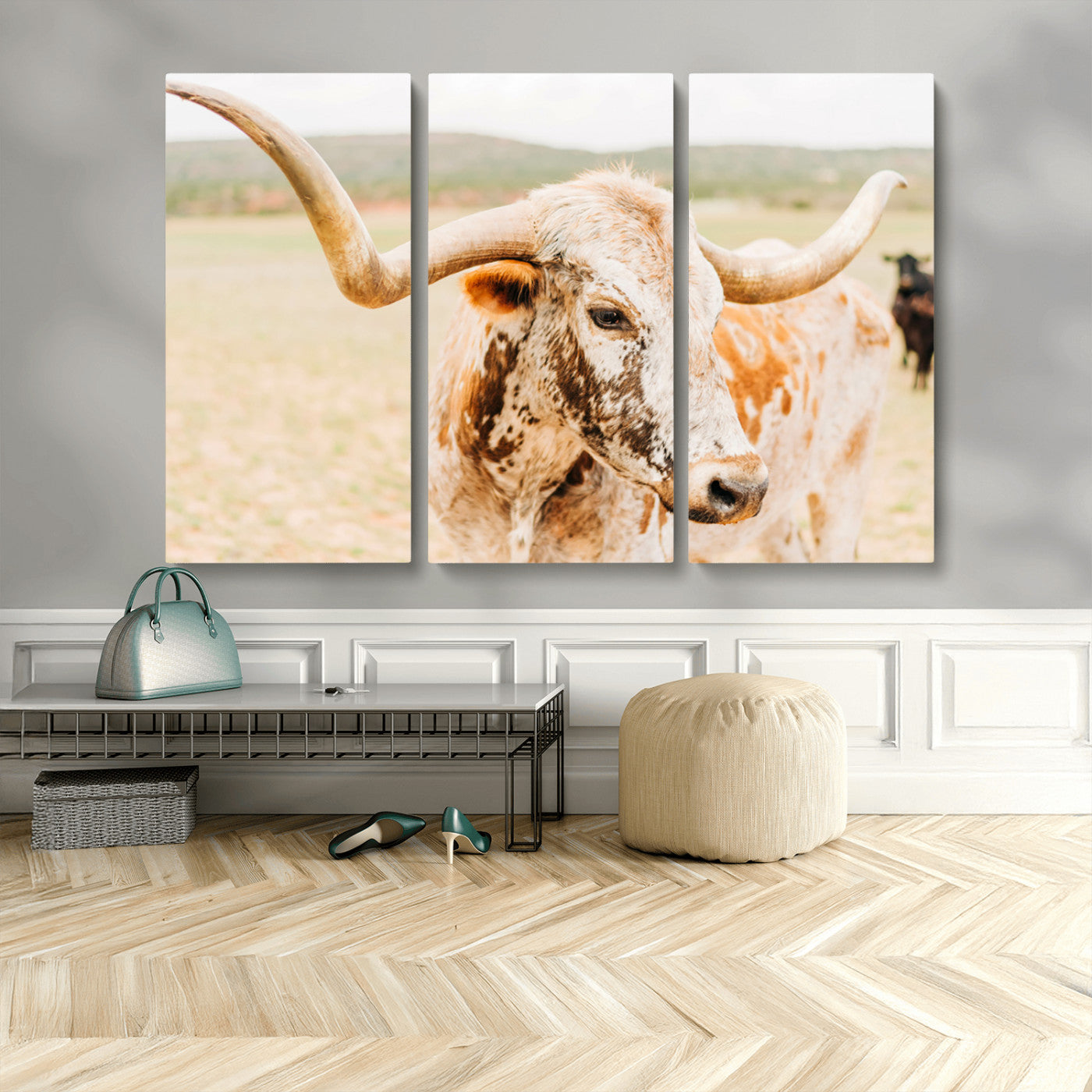 Close-up of a speckled Texas Longhorn in warm prairie tones, perfect for rustic western or countryside-themed room decor.
