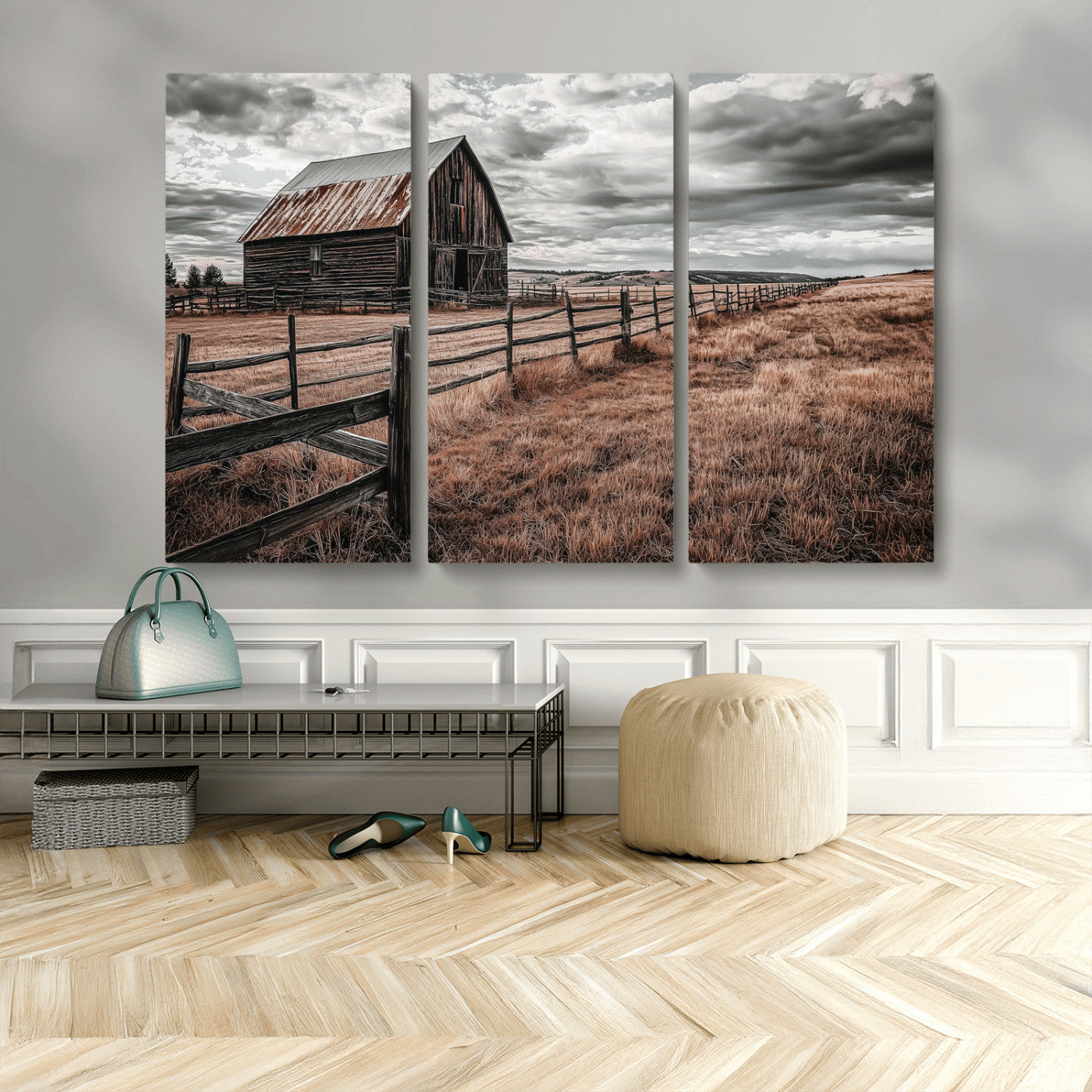 Framed canvas of a rustic barn under a moody sky with weathered fence and dark fields, ideal for farmhouse or rural-style wall decor.