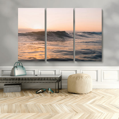 Framed canvas of ocean waves glowing in sunset light, ideal for golden hour calm or peaceful coastal-inspired wall decor.