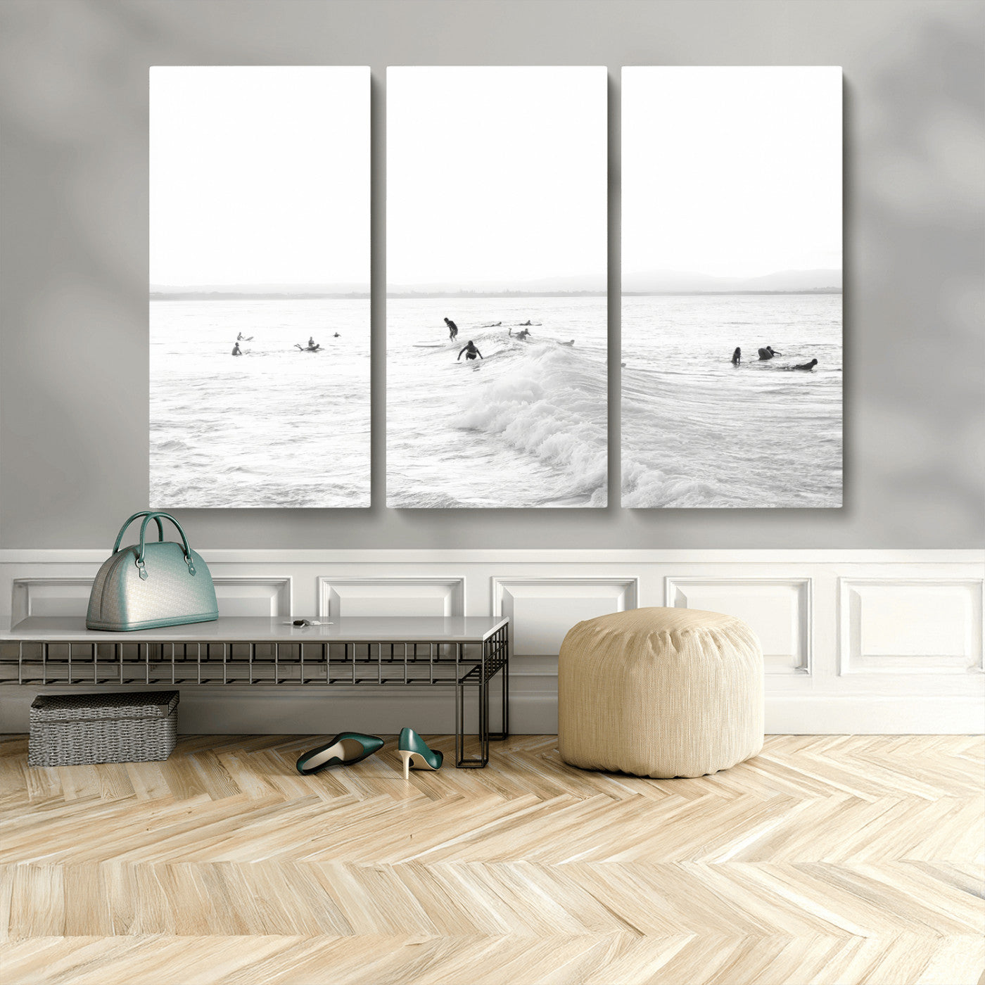 Monochrome photo of surfers riding and waiting on ocean waves, ideal for surf-themed or coastal energy wall decor.