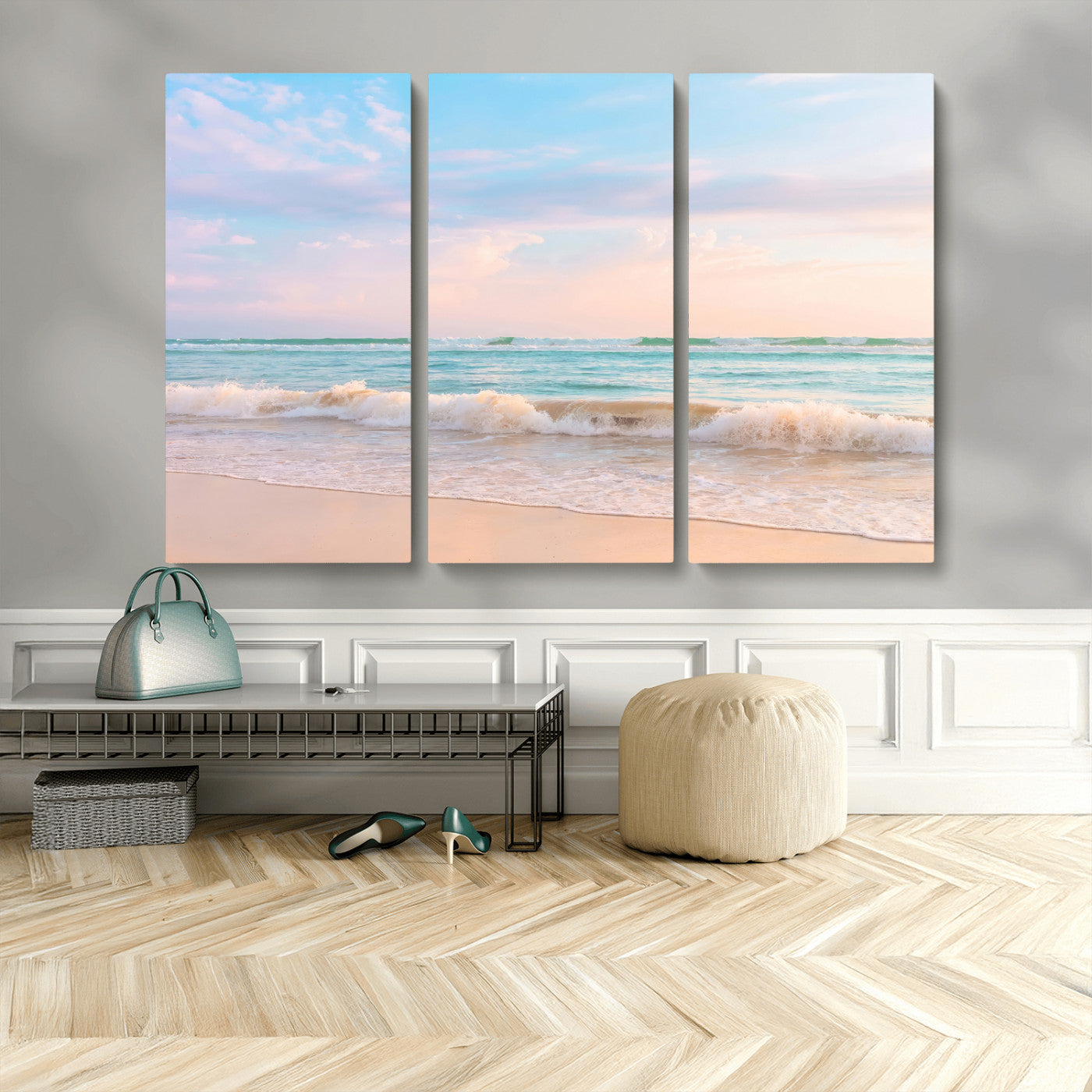 Pastel-toned ocean waves under soft sunset skies, ideal for pastel coastal or serene beach-style home decor.