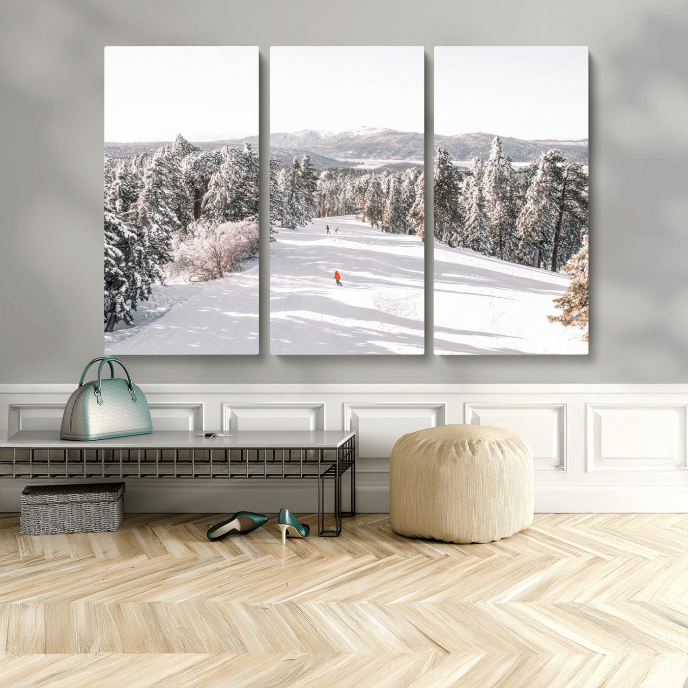 Bright ski trail lined with snow-covered pines and a skier in orange, perfect for alpine adventure or winter sports-inspired decor.
