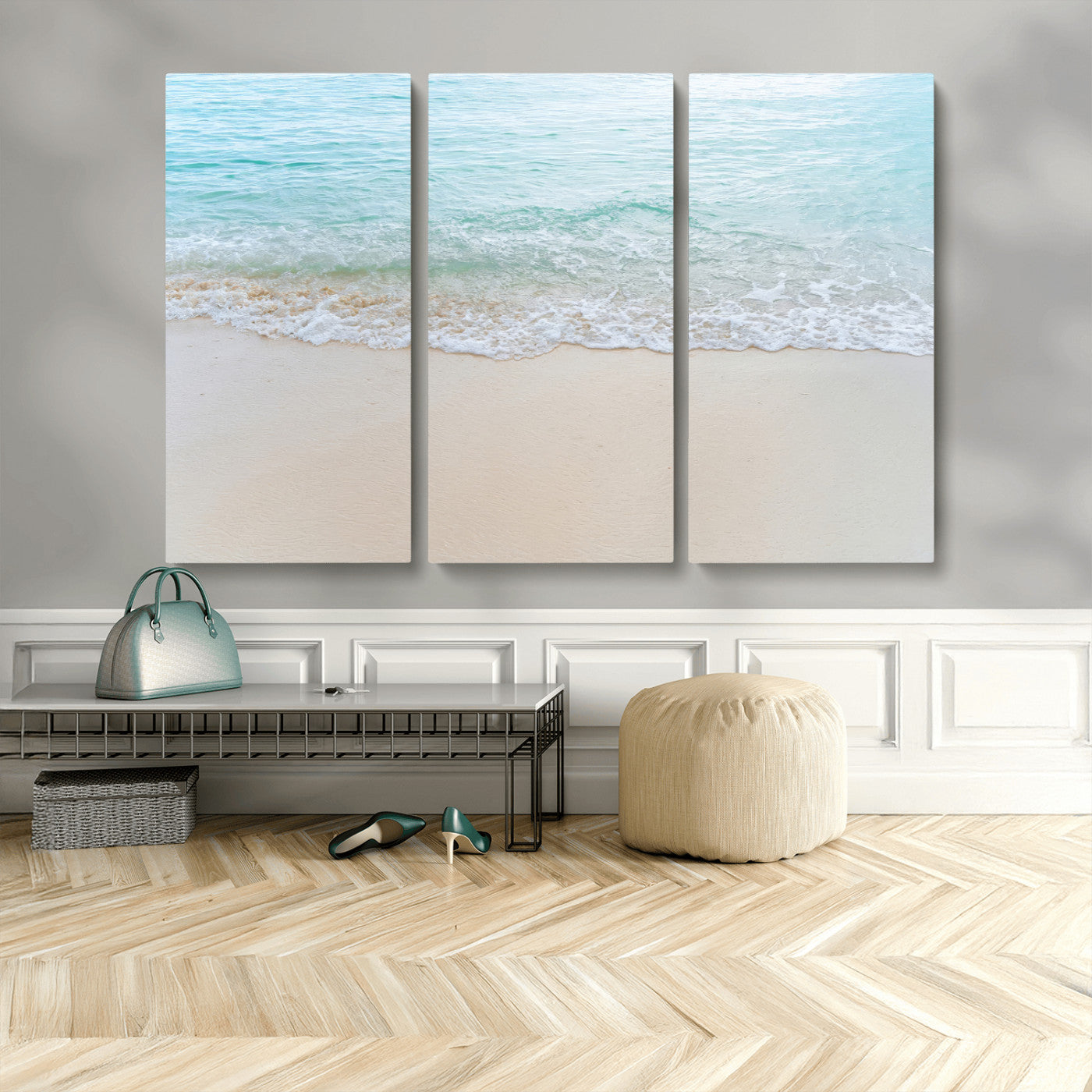 Soft shoreline with gentle aqua waves on smooth sand, ideal for minimalist coastal or pastel ocean-inspired home wall decor.
