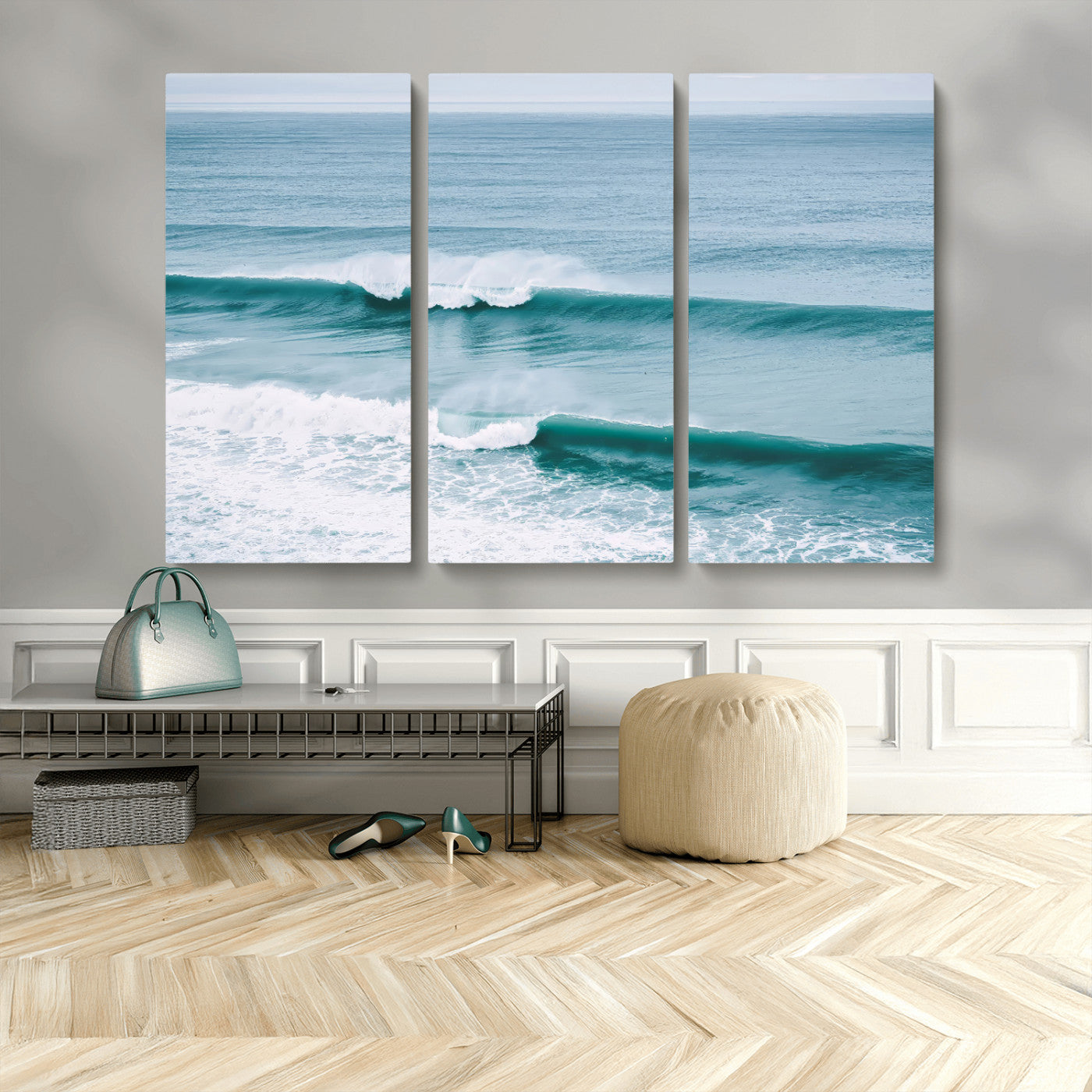 Powerful ocean waves rolling towards the shore, their turquoise hues blending with white sea foam under an open horizon, capturing the essence of the ocean's movement.