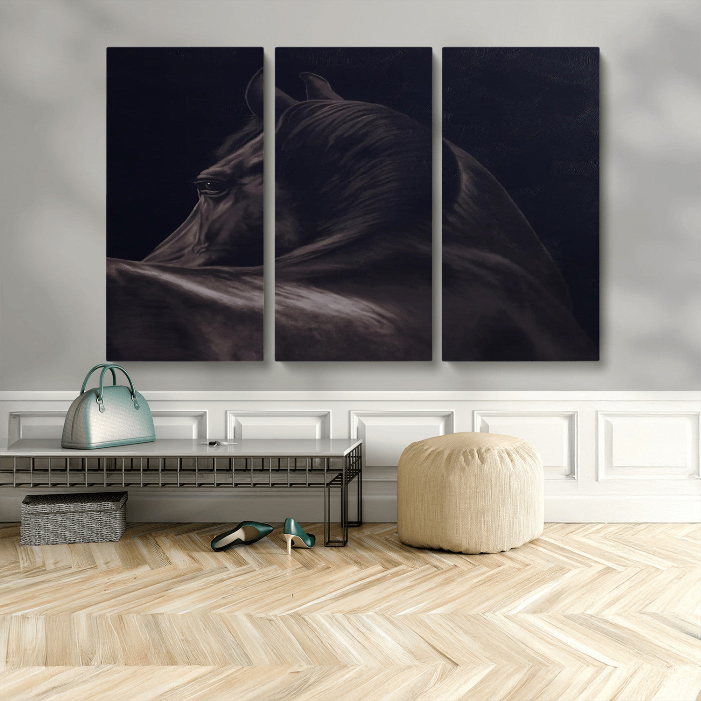 Close-up of a black horse with dramatic lighting on a dark background, perfect for rustic or masculine home decor.