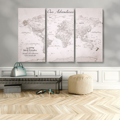 Customize Push Pin World Map Wall Canvas Print – Personalized Travel Map with Foam Pins – Framed Custom Quotie Canvas for Home Office Decor