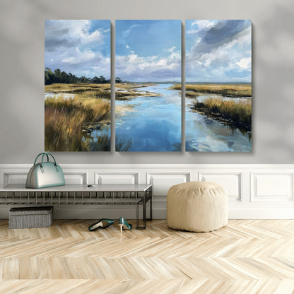 A beautiful, painterly landscape of a calm river winding through a marsh, with vibrant green grasses and a bright blue sky filled with fluffy clouds.