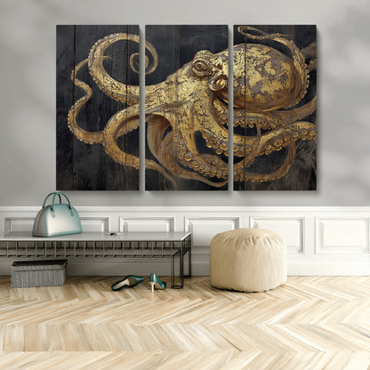A detailed gold illustration of an octopus on black wooden planks, showing its intricate tentacles and textured skin in an artistic style.