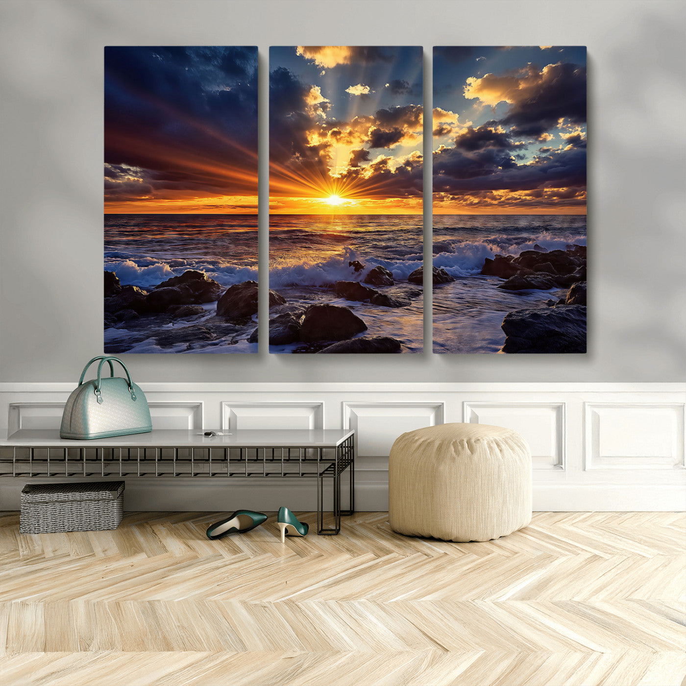 An explosive sunset over the ocean with dramatic clouds and rays of sunlight reflecting off the water, creating a vibrant and captivating view.