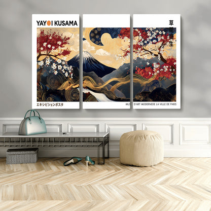 An artwork by Yayoi Kusama featuring Mount Fuji, blooming cherry blossoms, and swirling patterns in a harmonious blend of nature and art.
