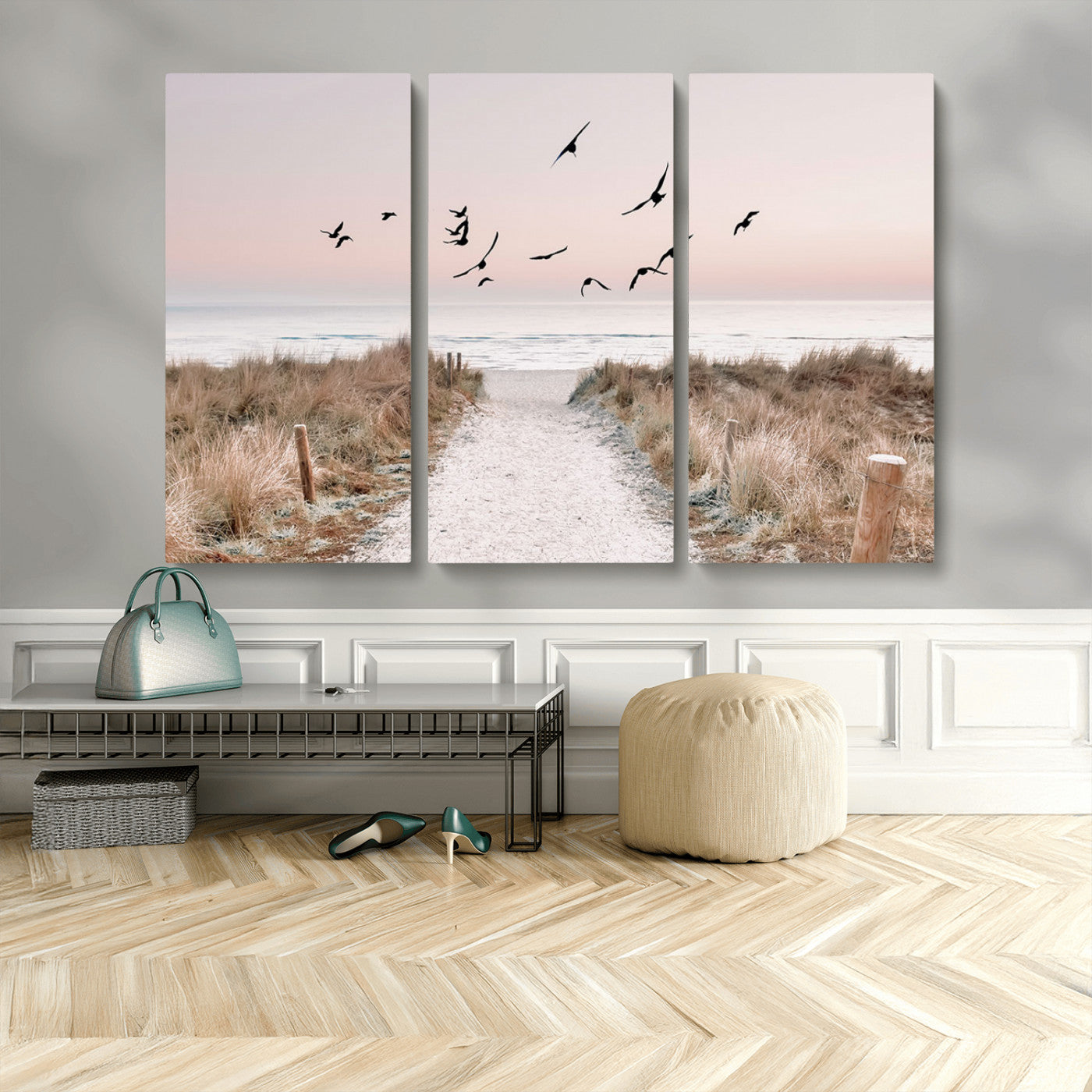 A peaceful coastal pathway leading to the ocean, with birds flying across a soft pastel sky, creating a calm and scenic beach atmosphere.