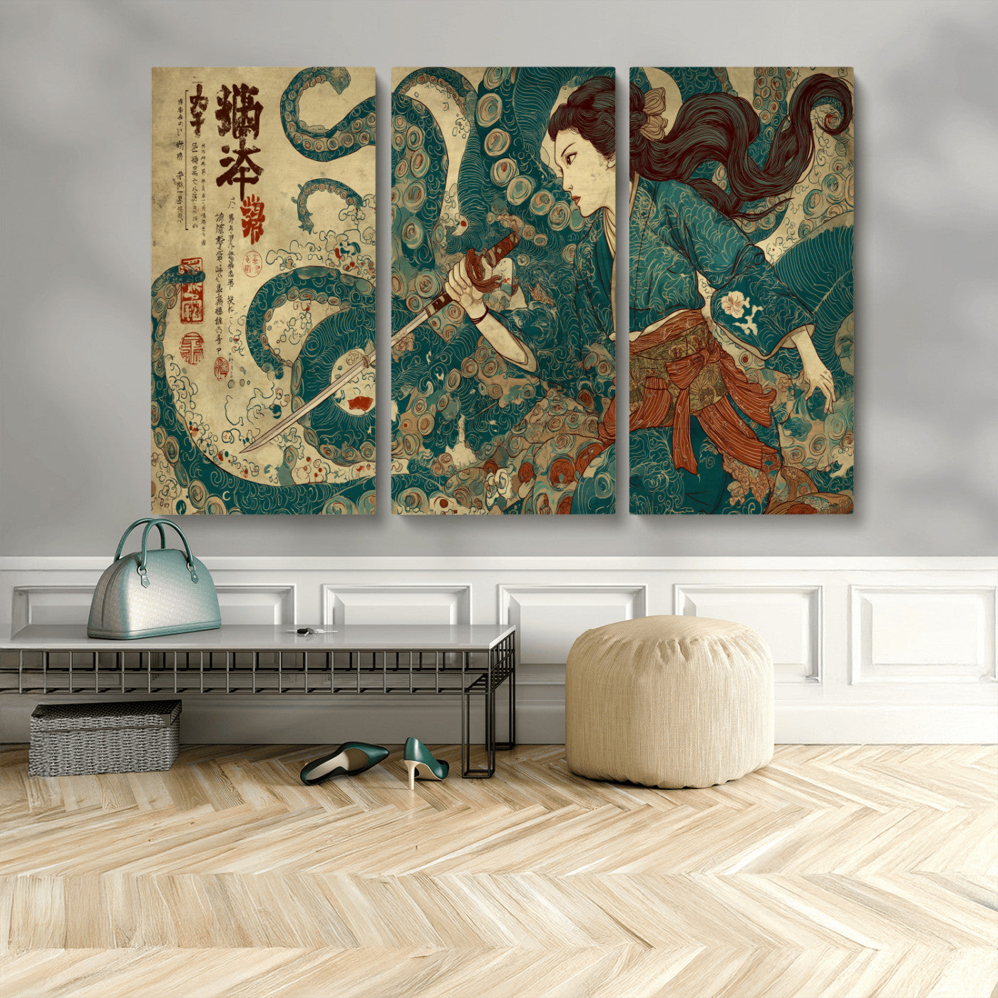 Tsukioka Yoshitoshi Samurai Wall Art Print, Japanese Katana Warrior Canvas Wall Art, Octopus Sea Monster Canvas Print,