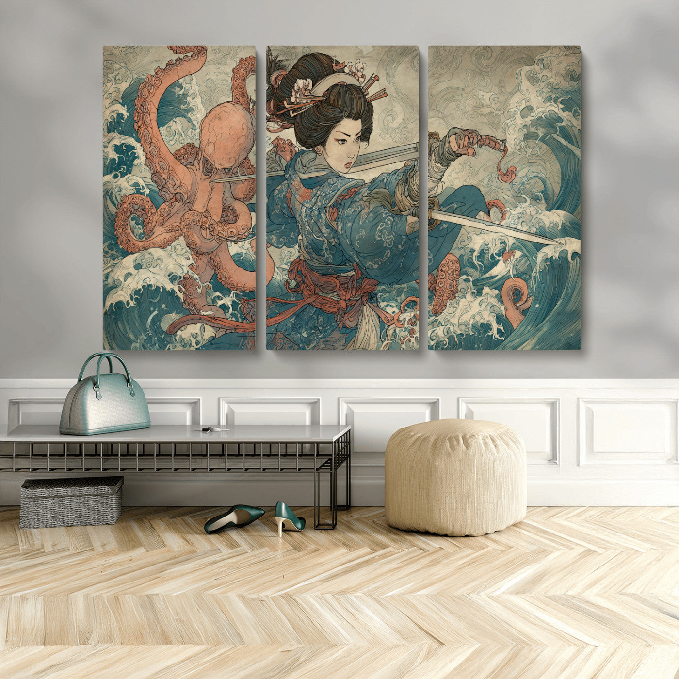 Tsukioka Yoshitoshi Samurai Wall Art Print, Japanese Katana Warrior Canvas Wall Art, Octopus Sea Monster Canvas Print,