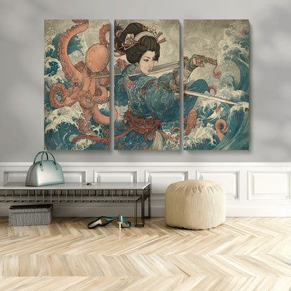 Tsukioka Yoshitoshi Samurai Wall Art Print, Japanese Katana Warrior Canvas Wall Art, Octopus Sea Monster Canvas Print,