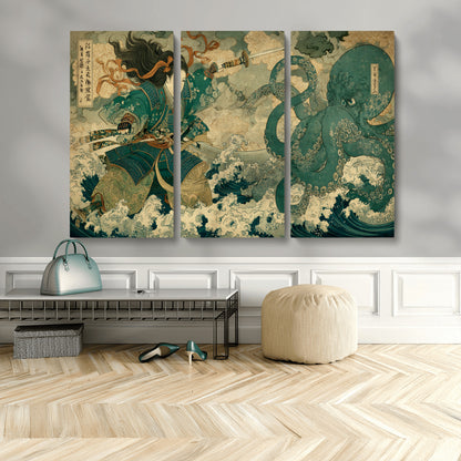 Tsukioka Yoshitoshi Samurai Wall Art Print, Japanese Katana Warrior Canvas Wall Art, Octopus Sea Monster Canvas Print,