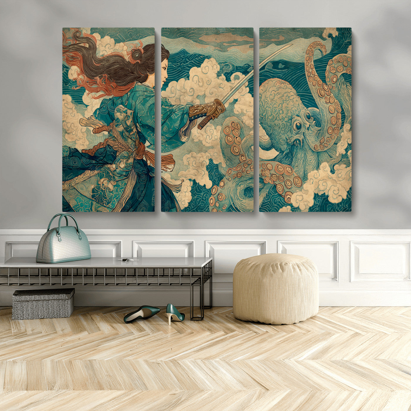 Tsukioka Yoshitoshi Samurai Wall Art Print, Japanese Katana Warrior Canvas Wall Art, Octopus Sea Monster Canvas Print,