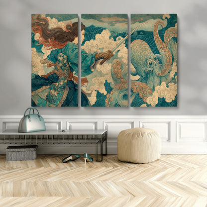 Tsukioka Yoshitoshi Samurai Wall Art Print, Japanese Katana Warrior Canvas Wall Art, Octopus Sea Monster Canvas Print,