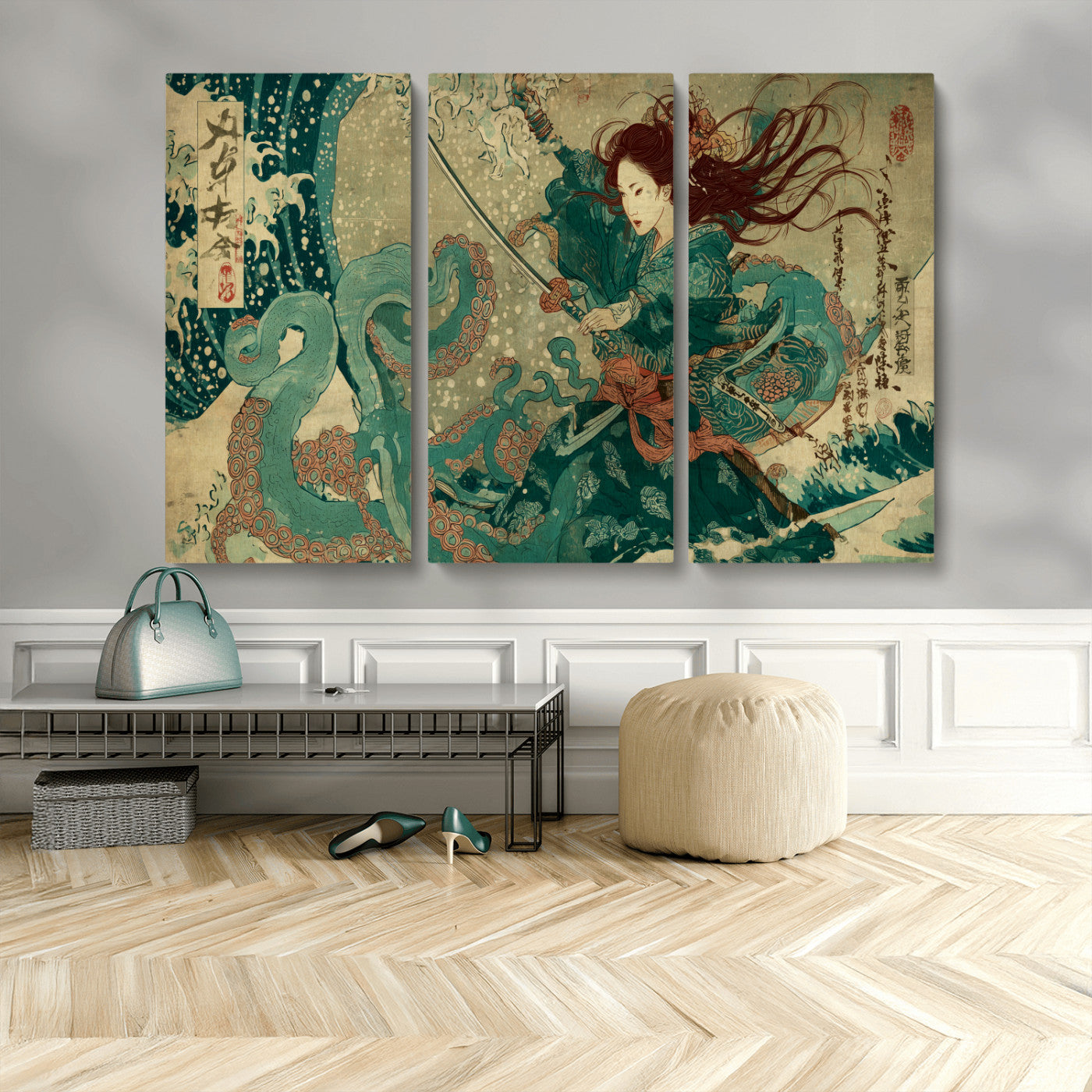 Tsukioka Yoshitoshi Samurai Wall Art Print, Japanese Katana Warrior Canvas Wall Art, Octopus Sea Monster Canvas Print,