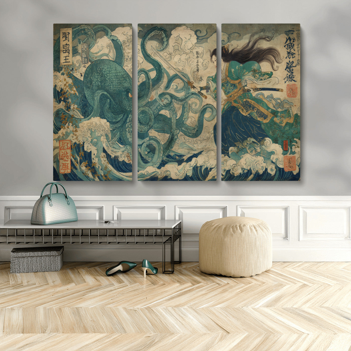 Tsukioka Yoshitoshi Samurai Wall Art Print, Japanese Katana Warrior Canvas Wall Art, Octopus Sea Monster Canvas Print,