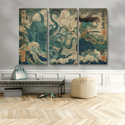 Tsukioka Yoshitoshi Samurai Wall Art Print, Japanese Katana Warrior Canvas Wall Art, Octopus Sea Monster Canvas Print,