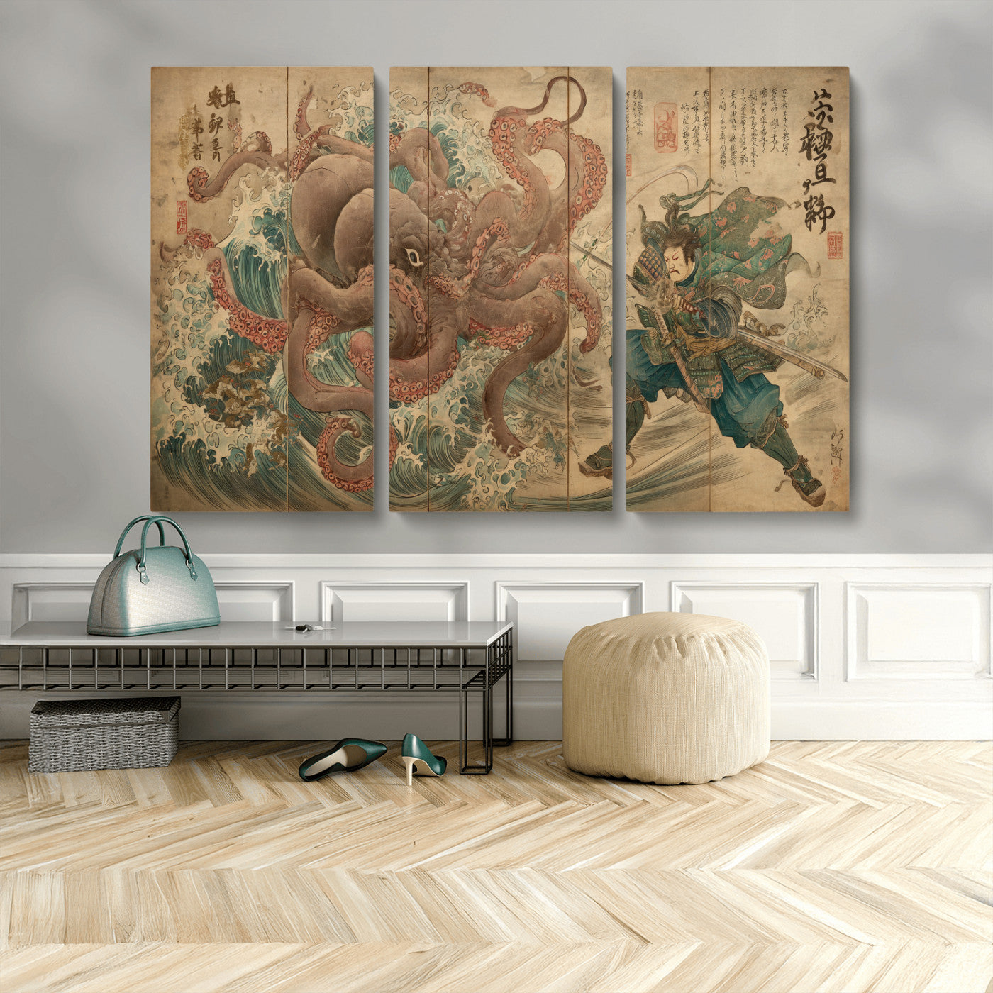 Tsukioka Yoshitoshi Samurai Wall Art Print, Japanese Katana Warrior Canvas Wall Art, Octopus Sea Monster Canvas Print,