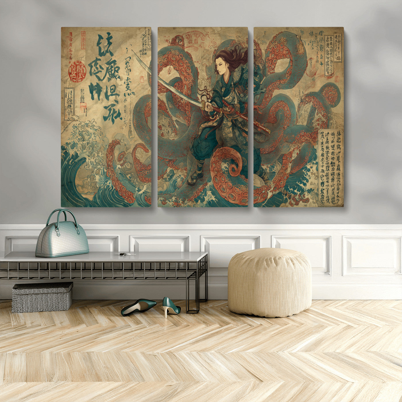 Tsukioka Yoshitoshi Samurai Wall Art Print, Japanese Katana Warrior Canvas Wall Art, Octopus Sea Monster Canvas Print,