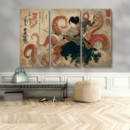 Tsukioka Yoshitoshi Samurai Wall Art Print, Japanese Katana Warrior Canvas Wall Art, Octopus Sea Monster Canvas Print,