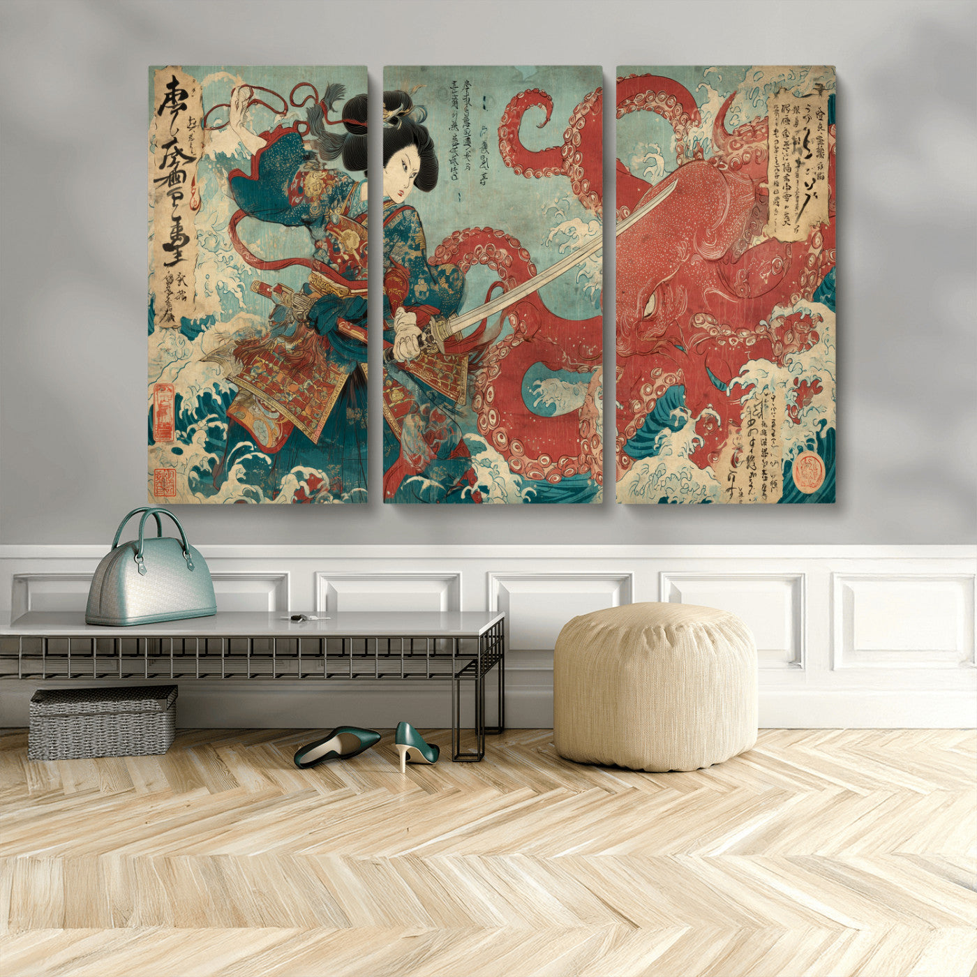 Tsukioka Yoshitoshi Samurai Wall Art Print, Japanese Katana Warrior Canvas Wall Art, Octopus Sea Monster Canvas Print,