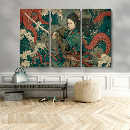 Tsukioka Yoshitoshi Samurai Wall Art Print, Japanese Katana Warrior Canvas Wall Art, Octopus Sea Monster Canvas Print,