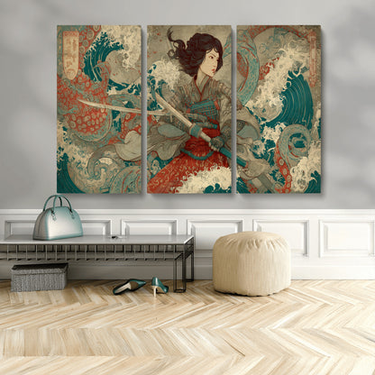 Tsukioka Yoshitoshi Samurai Wall Art Print, Japanese Katana Warrior Canvas Wall Art, Octopus Sea Monster Canvas Print,