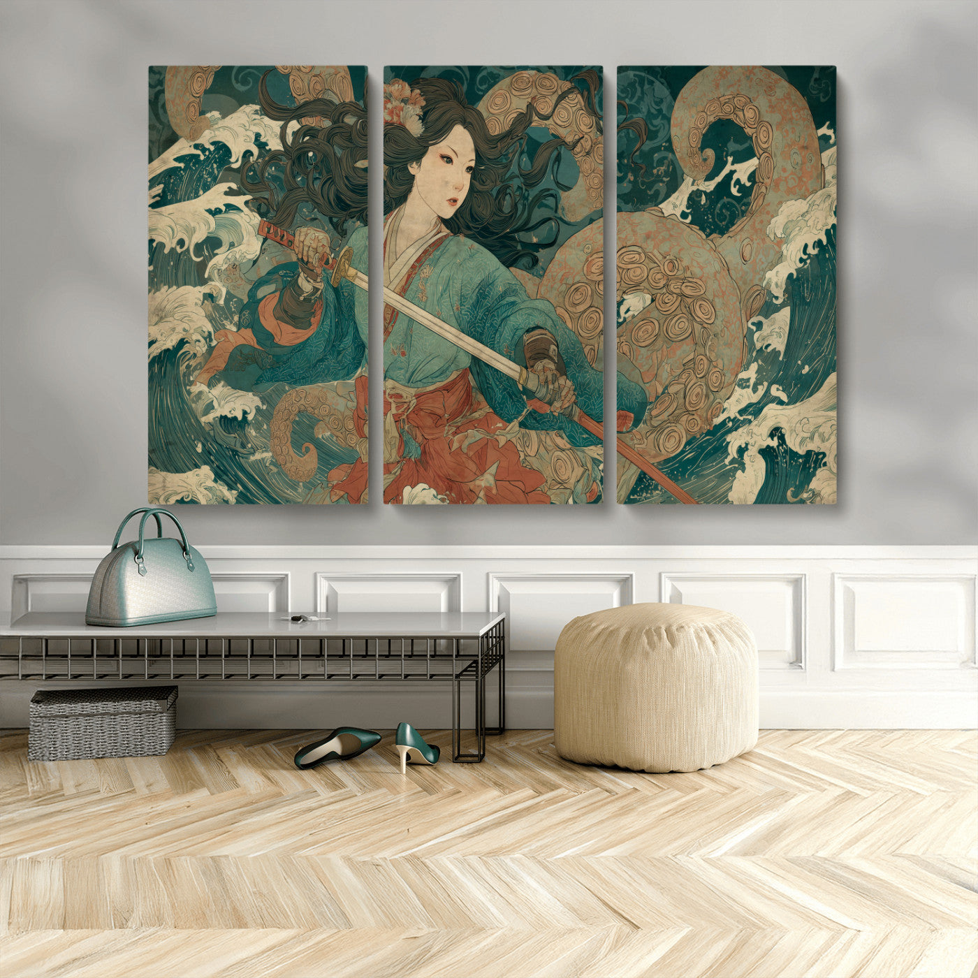 Tsukioka Yoshitoshi Samurai Wall Art Print, Japanese Katana Warrior Canvas Wall Art, Octopus Sea Monster Canvas Print,