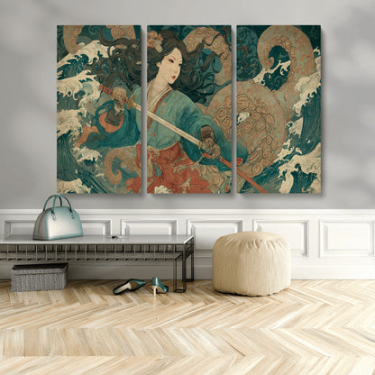 Tsukioka Yoshitoshi Samurai Wall Art Print, Japanese Katana Warrior Canvas Wall Art, Octopus Sea Monster Canvas Print,