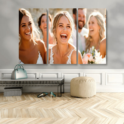 MGV-CV-48X32-3P - Joyful Wedding Wall Art – Laughing Bride and Bridesmaids Canvas Print, Romantic Celebration Photography Decor for Bedroom, Living Room, or Wedding Gift