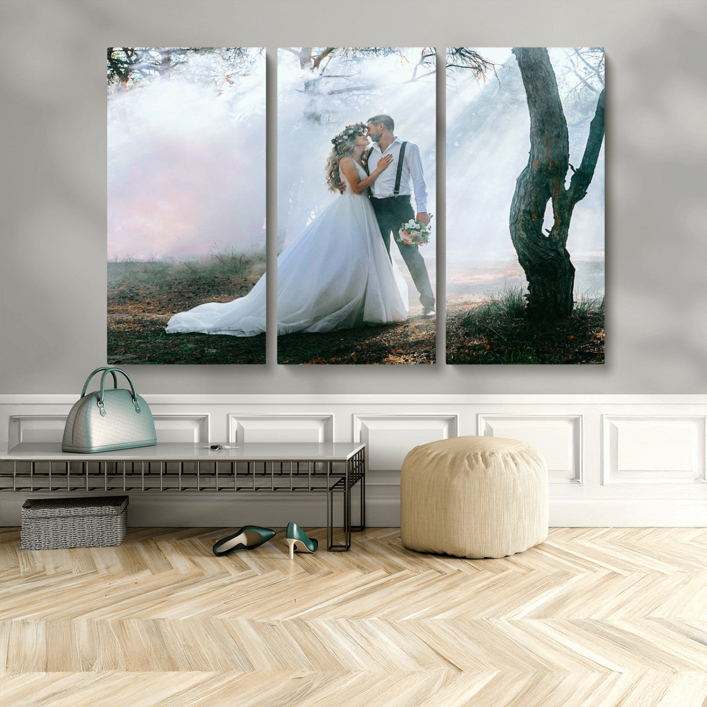 MGV-CV-48X32-3P - Forest Wedding Wall Art – Romantic Bride and Groom Canvas Print, Enchanted Woodland Photography Decor for Bedroom, Living Room, or Wedding Gift