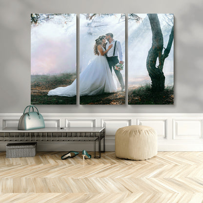 MGV-CV-48X32-3P - Forest Wedding Wall Art – Romantic Bride and Groom Canvas Print, Enchanted Woodland Photography Decor for Bedroom, Living Room, or Wedding Gift