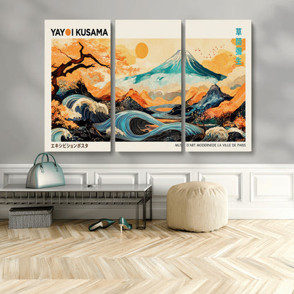 Modern Japanese-style art print featuring a stylized Mount Fuji, flowing waves, and vibrant landscapes in bold colors, inspired by traditional and contemporary aesthetics.